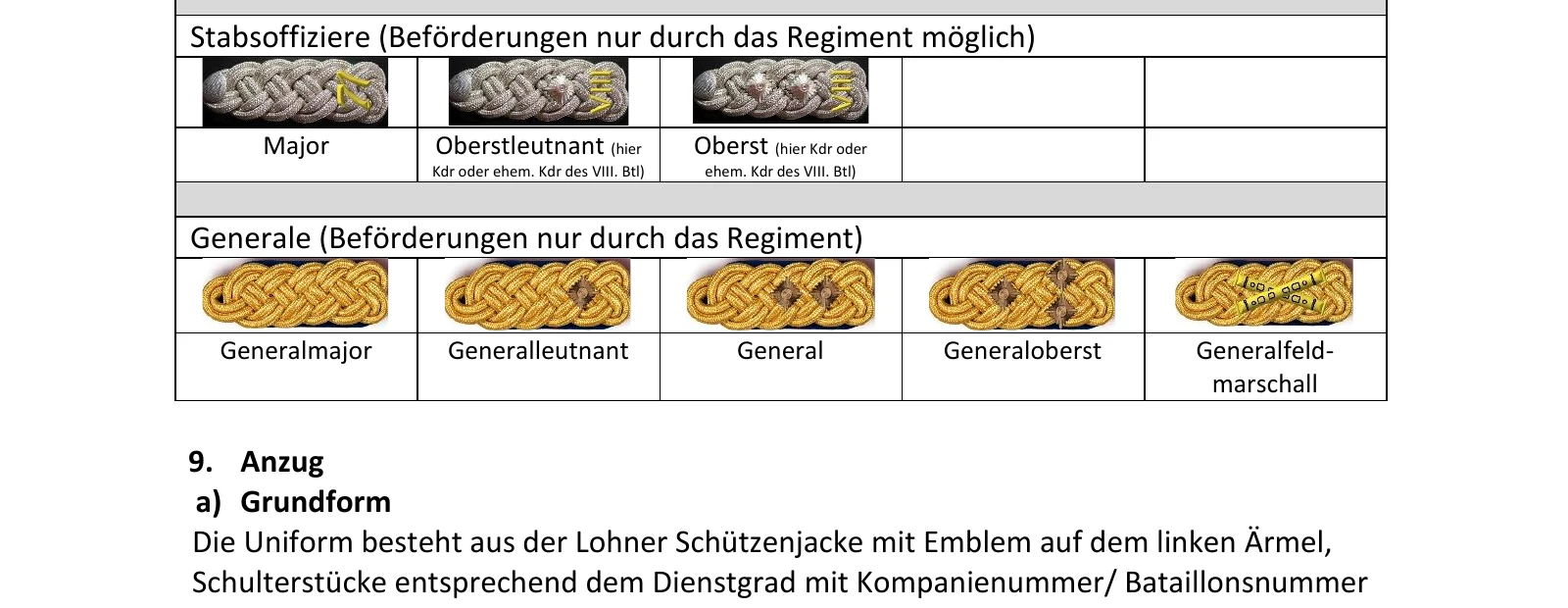Übersicht 2 (Fortsetzung) — Stabsoffiziere: Major, Oberstleutnant (hier Kdr oder ehem. Kdr des VIII. Btl), Oberst (hier Kdr oder ehem. Kdr des VIII. Btl). Generale: Generalmajor, Generalleutnant, General, Generaloberst, Generalfeldmarschall — jeweils mit den entsprechenden Schulterstücken.